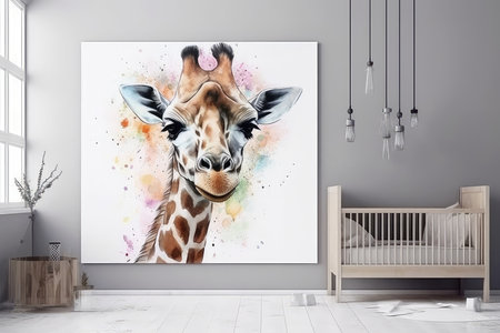 Mock up poster frame in children room interior with baby cot. 3d illustrationの素材