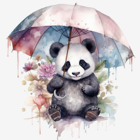Watercolor illustration of a panda sitting under an umbrella with flowersの素材