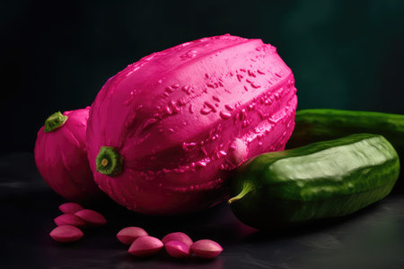pink gourd and green chili pepper on a black backgroundの素材