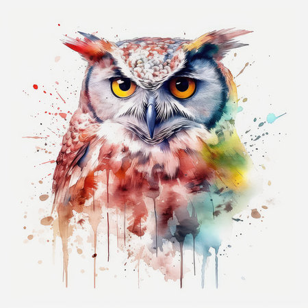 Watercolor illustration of an owl with colorful splashes on a white backgroundの素材