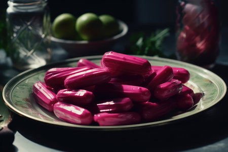 Vibrant pink candies in a plate. Selective focus.の素材