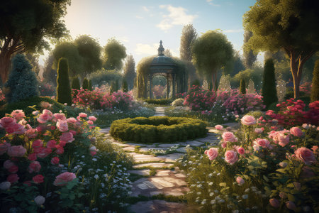 Beautiful garden with arch and flowers at sunset. Digital painting.の素材