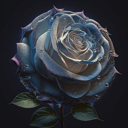 Delicate blue rose with dew drops on a black background.の素材