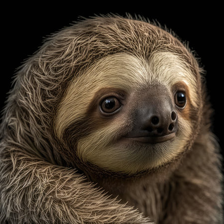 Portrait of three-toed sloth, isolated on black backgroundの素材