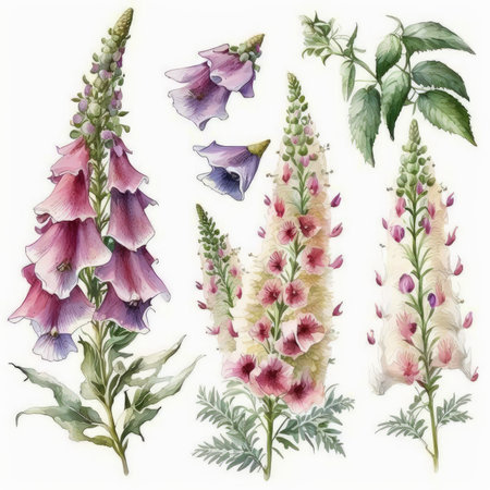 Digitalis purpurea, foxglove, lupine, foxglove. Hand drawn watercolor illustration isolated on white backgroundの素材