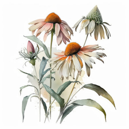 Watercolor illustration of coneflowers on a white background.の素材