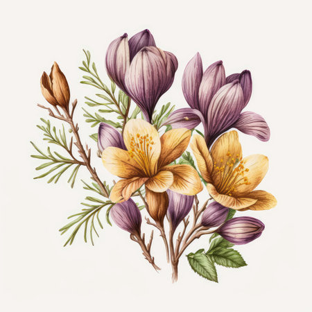Hand drawn watercolor crocus bouquet. Isolated on white background.の素材