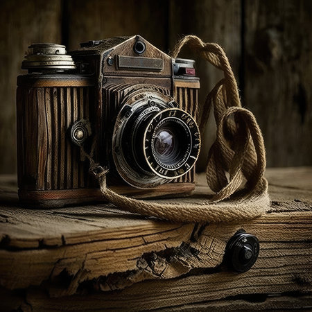Vintage camera on a wooden background. Photo in old image style.の素材