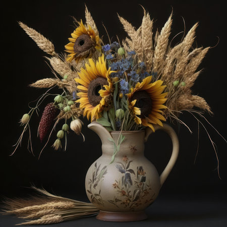 Bouquet of sunflowers and cornflowers in vase on black backgroundの素材