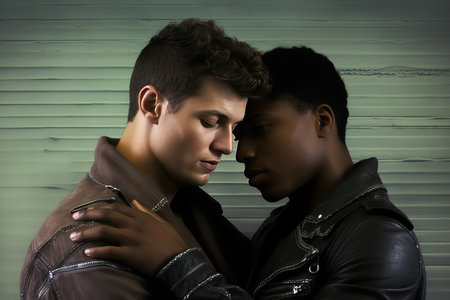 Portrait of two young men hugging each other in front of wooden wallの素材