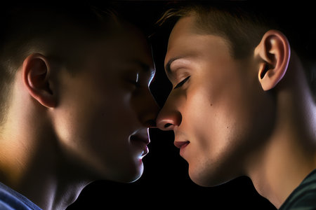 Close-up portrait of two young man kissing each other on black backgroundの素材