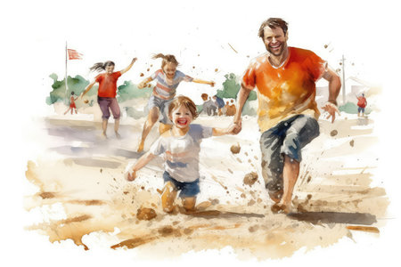 Father playing with his children on the beach. Watercolor illustration. Father's day concept.の素材