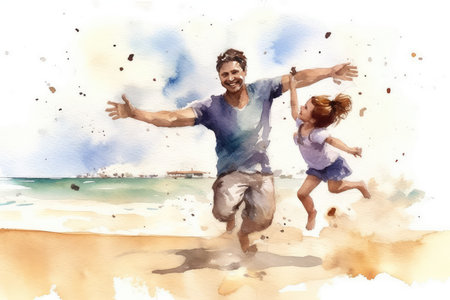 Watercolor illustration of a father and son running on the beach. Father's day concept.の素材