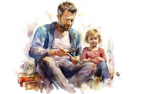 Father and son sitting on the floor and playing together. Watercolor paintingの素材