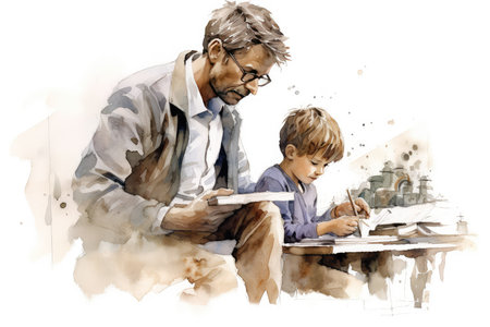 Father and son doing homework. Watercolor painting. Illustration.の素材