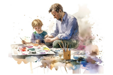 Father and son painting together with watercolors on a white backgroundの素材