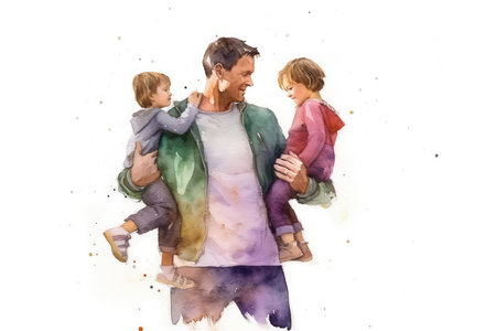 Father and children on a white background. Digital watercolor painting.の素材