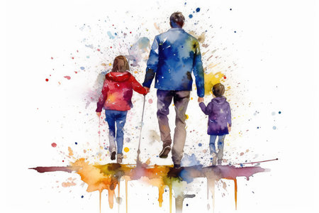 Back view of family with walking stick against watercolor splashes backgroundの素材