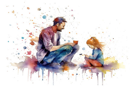 Father and daughter sitting on the floor. Watercolor painting on white backgroundの素材