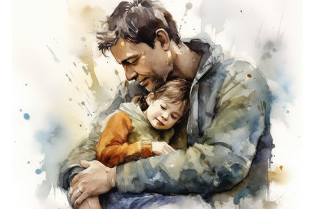 Digital watercolor painting of a father and his daughter hugging each otherの素材