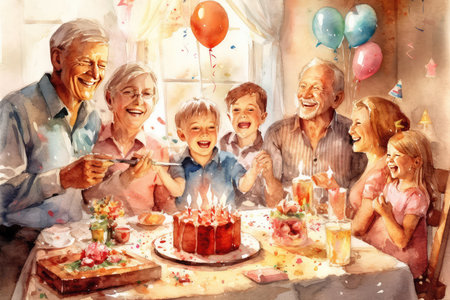 Elderly people celebrating a birthday with a cake and balloons.の素材