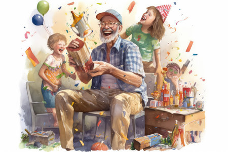 Digital painting of an old man playing with his friends at a birthday partyの素材