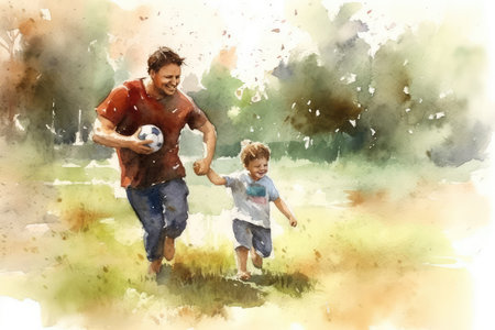 Father and son playing football in the park. Watercolor illustration.の素材