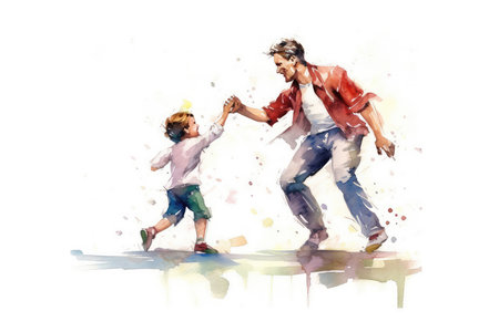 Father and son playing in the park. Watercolor painting illustration.の素材