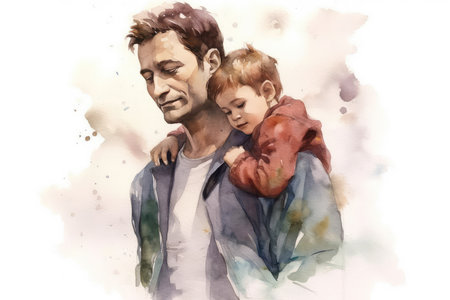 Digital watercolor painting of a father with his son in a slingの素材