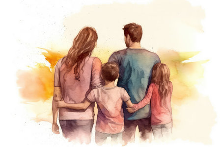 Happy family standing in front of watercolor background. Watercolor painting.の素材