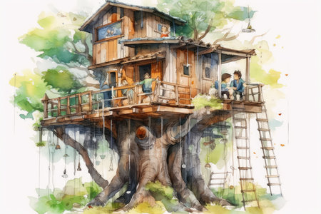 Watercolor illustration of a house on a tree with people sitting on itの素材