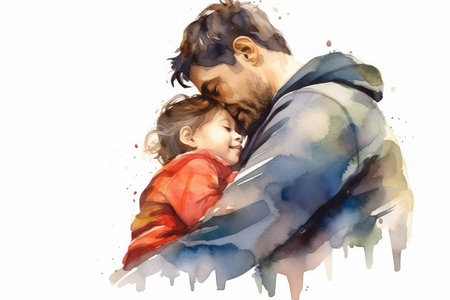Illustration of father and daughter hugging each other. Watercolor paintingの素材