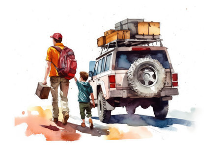 Father and son travel by car with suitcases. Watercolor illustrationの素材