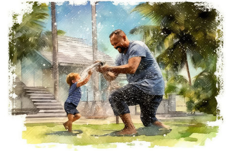 Father and son playing in the garden, watercolor painting effect.の素材