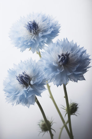 Blue cornflowers on a white background. Shallow depth of fieldの素材