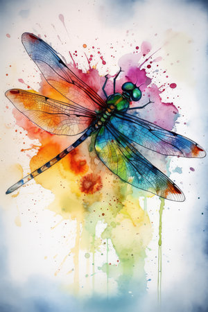 Colorful watercolor background with dragonfly. Digital art painting.の素材