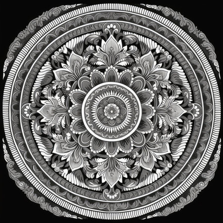 Mandala pattern on a black background. Hand-drawn illustration.の素材
