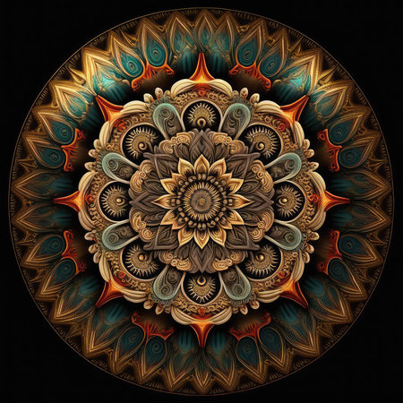Multicolored symmetrical fractal mandala. Computer generated graphics.の素材