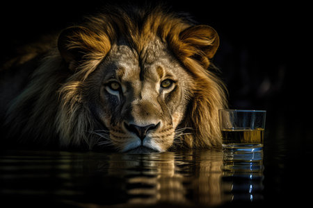 Lion with a glass of whiskey on a black background in the darkの素材