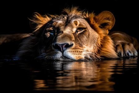 Lion lying in water with reflection on black background, side viewの素材
