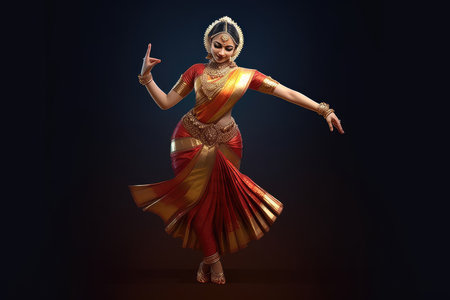Beautiful Indian woman in traditional dress dancing on dark background. Traditional Indian dance.の素材