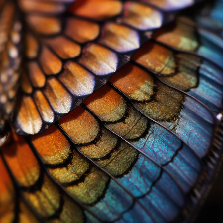 Macro shot of a butterfly wing. Colorful butterfly wings.の素材