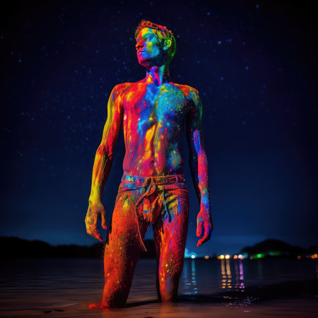 Young man covered with multicolored paint on the beach at nightの素材