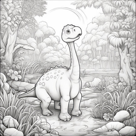 Dinosaur in the park. Black and white illustration for coloring bookの素材