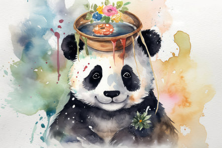 watercolor painting of cute panda bear in pot with watercolorsの素材