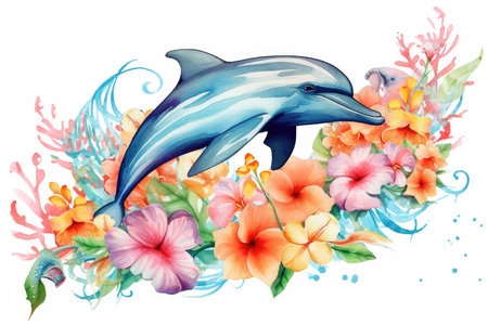 Watercolor illustration of a dolphin and flowers on a white background.の素材