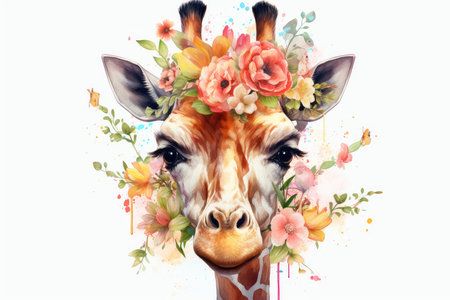 Giraffe head with flowers on white background. Digital painting.の素材