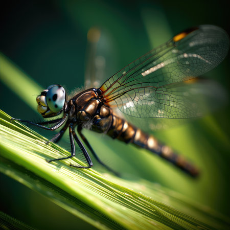 Close up of a dragonfly resting on a blade of grass.の素材