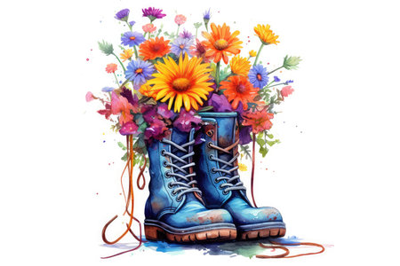 Colorful bouquet of wildflowers and boots on a white backgroundの素材