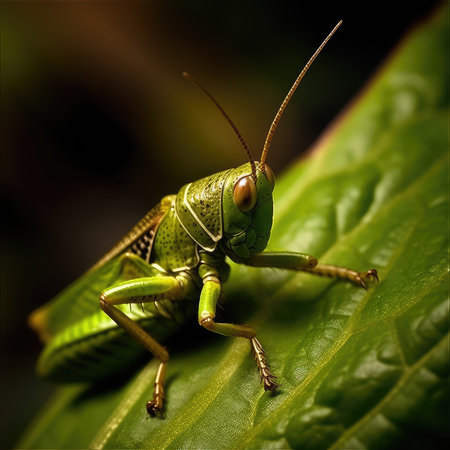 Grasshopper on a green leaf in the garden. Macroの素材